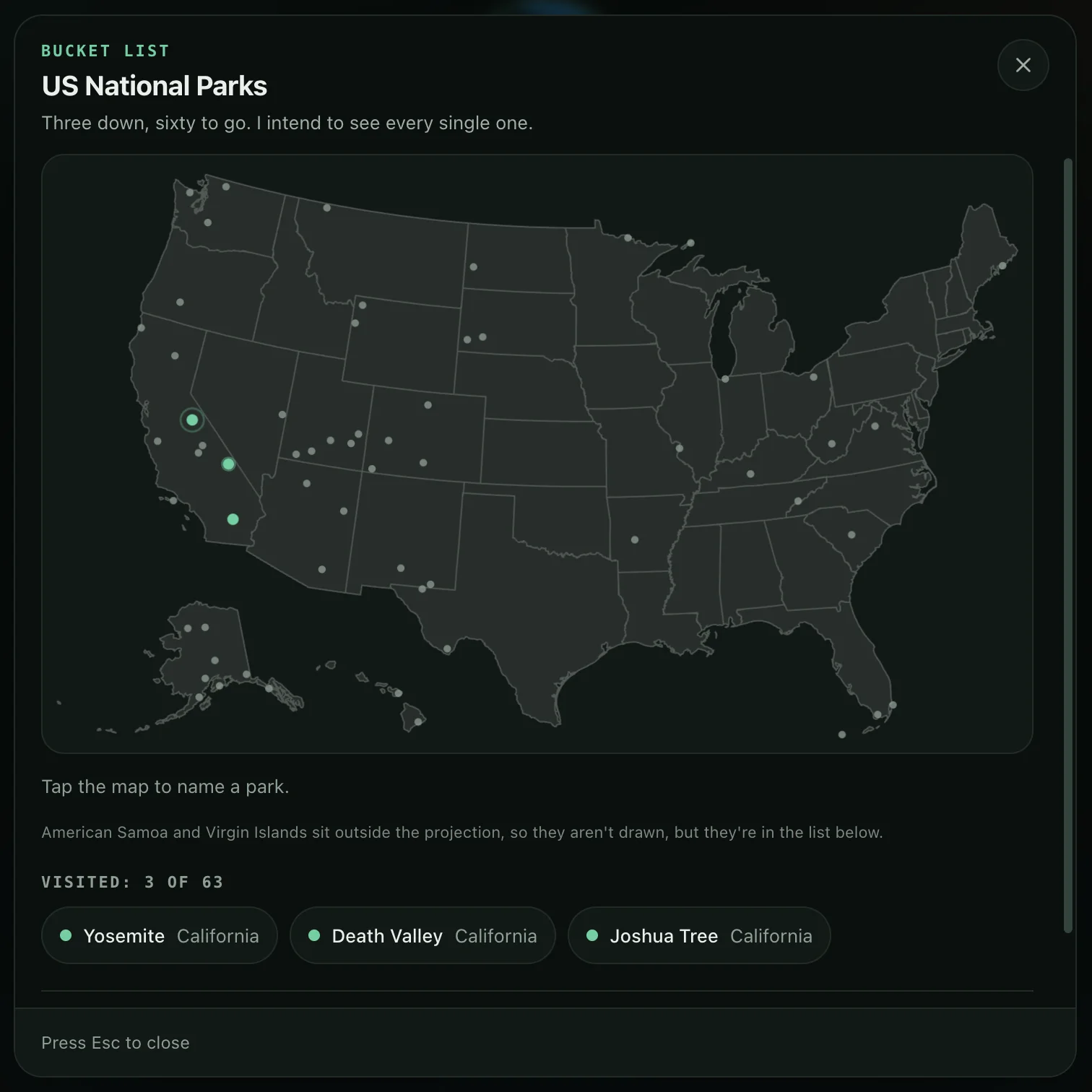 United States national-parks map showing three parks visited out of 63 at capture time.