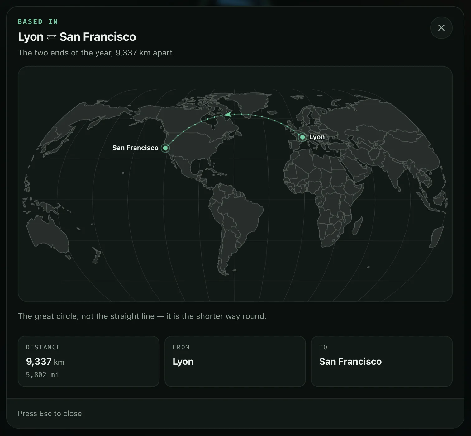 World map with the great-circle flight route between Lyon and San Francisco.
