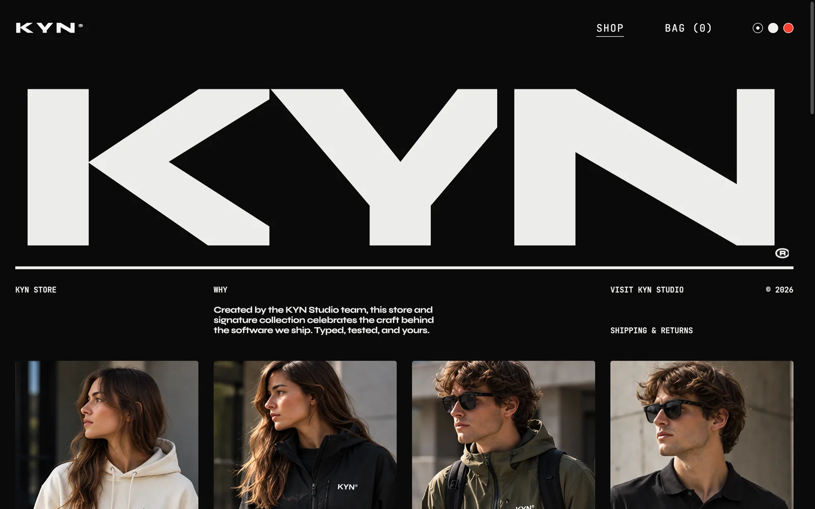 KYN Store desktop homepage in dark mode, with the oversized KYN wordmark and apparel previews.