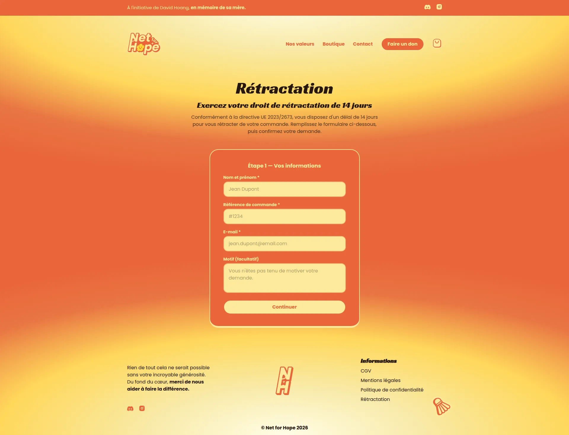 Net For Hope right of withdrawal page